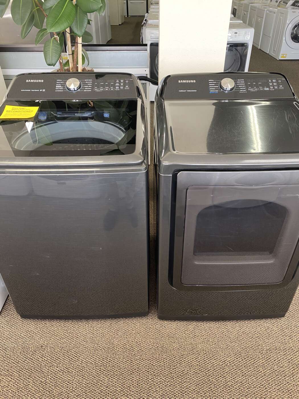Reconditioned SAMSUNG 5.0 cu. ft. Top-Load  Washer and 7.4 cu. ft. Electric Dryer Set- Black Stainless